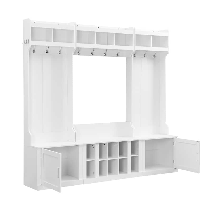 Wide Design Hall Tree with Storage and Bench, 4-IN-1 Multi-functional Entryway Bench with Coat Rack and Shoe Cubbies