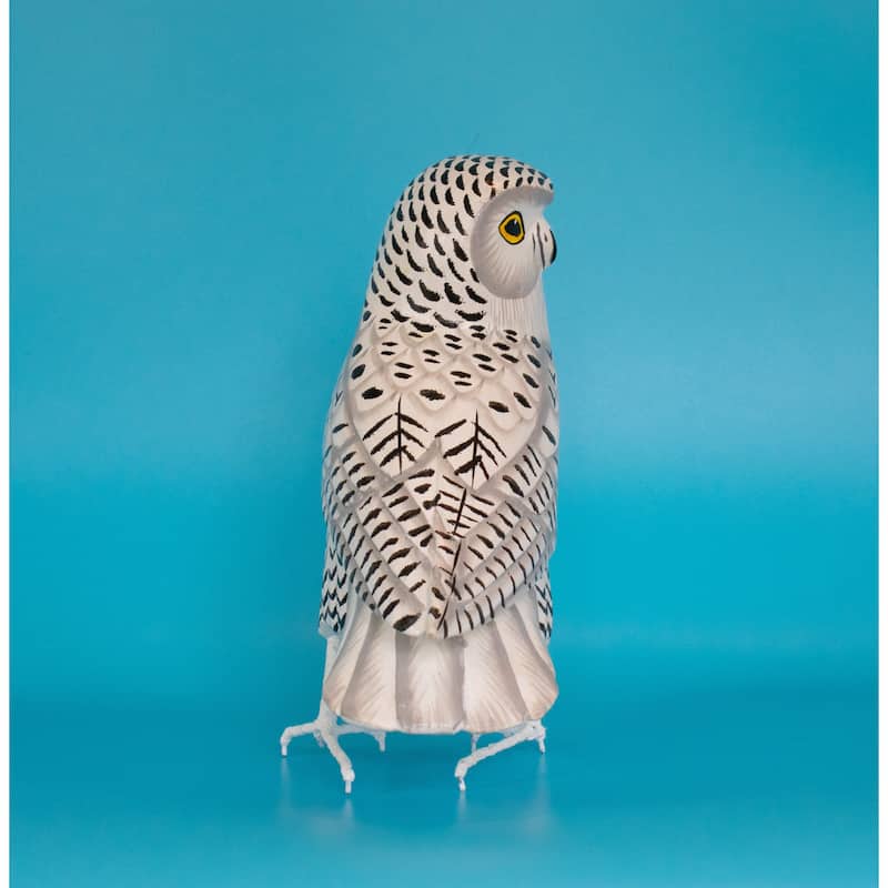 Wood Snowy Owl Figurine - Hand Carved Bird Sculpture, White Owl Wildlife Decor - 8" tall x 6" wide x 3.5" deep