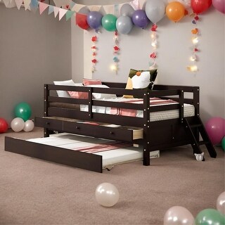 Low Loft Bed Twin Size with Full Safety Fence, Climbing ladder