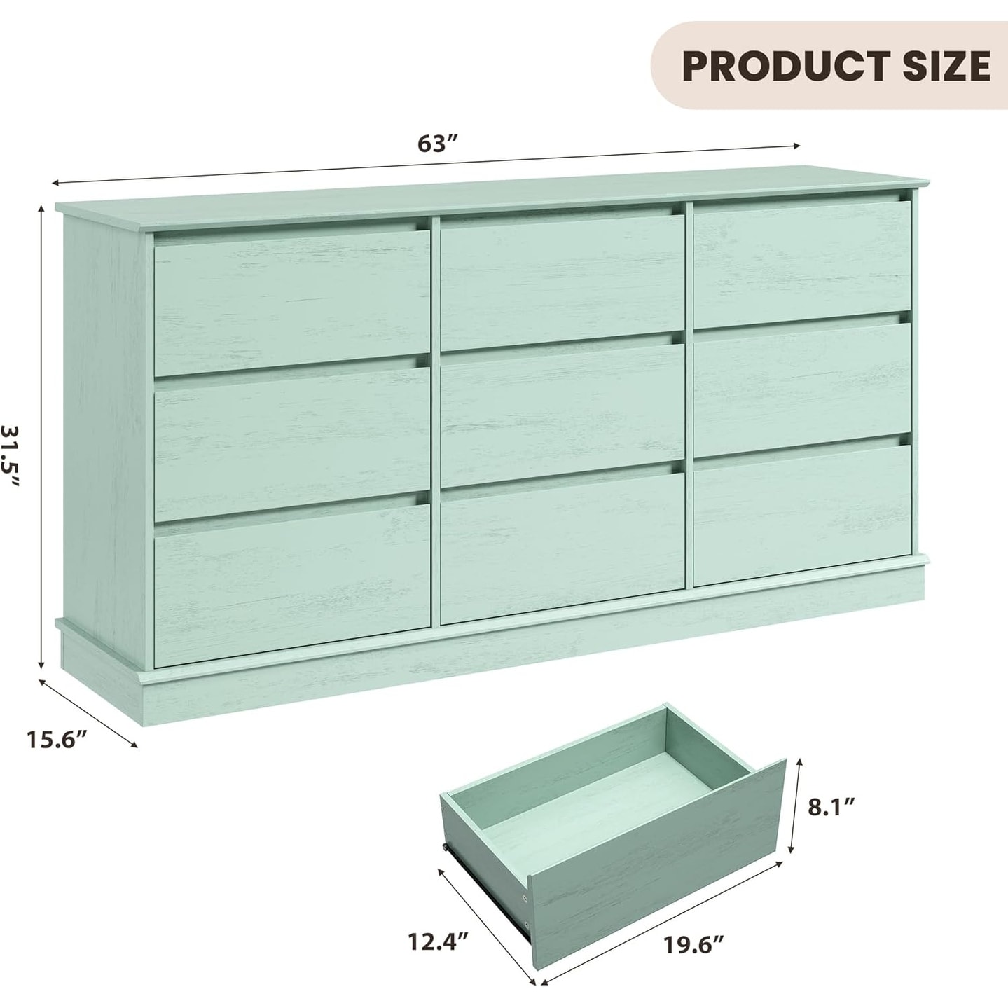 Green 9-Drawer Wide Top Double Chest with Deep Drawers