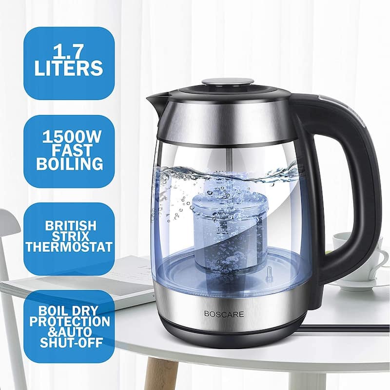 Electric Glass Kettle 1.7L, Hot Water Boiler with 1500W Fast Boiling/ 5