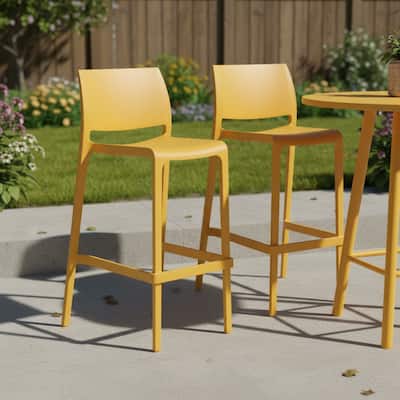 HomeRoots Set of Two 30" Yellow Heavy Duty Plastic Low Back Outdoor Bar Height Chairs
