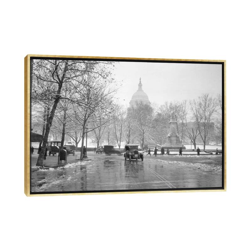 iCanvas "1920s-1930s The Capitol Building And Old Car Traffic In Winter Washington Dc USA" by Vintage Images Framed Canvas Print - Gold - 18x26