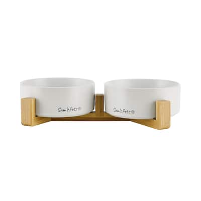 Coco Dual Pet Bowl with Wood Stand 5.11'' in White - 10.8