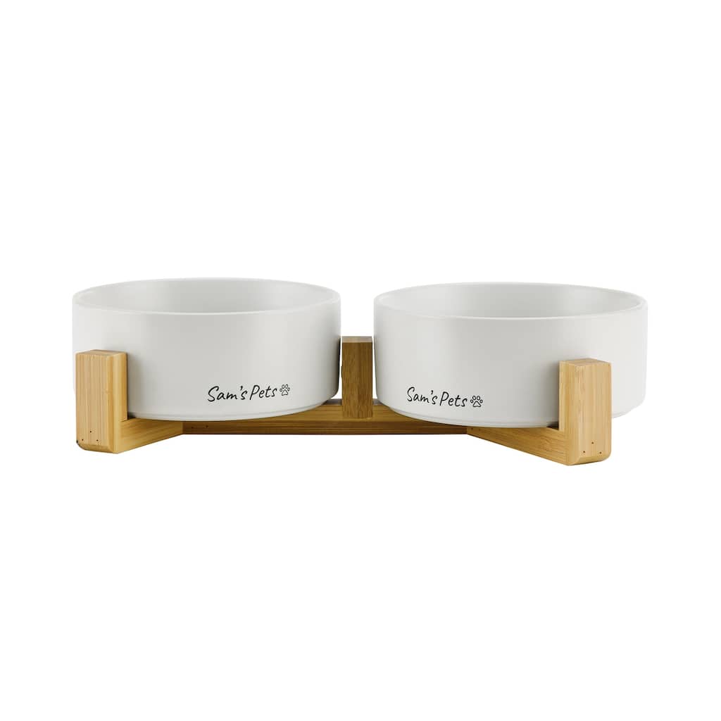 Coco Dual Pet Bowl with Wood Stand 5.11'' in White - 10.8