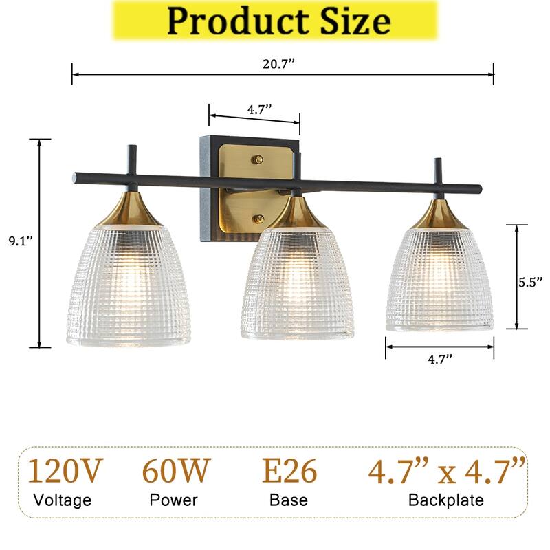 CraftHome 3-Light Contemporary Bathroom Vanity Wall Light in Black and Brass Finish with Dome Shape Clear Textured Glass Shade