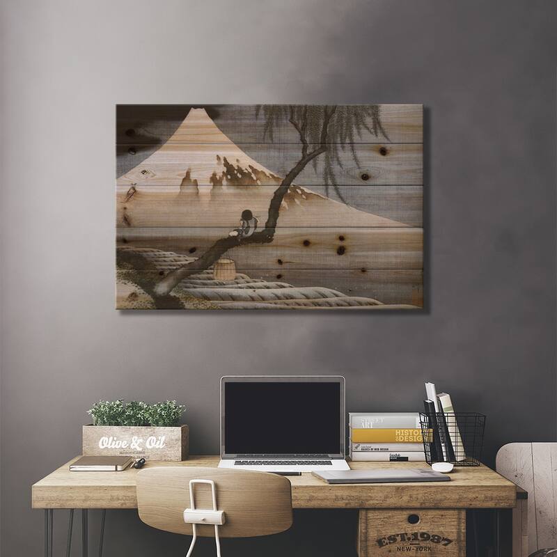 Boy on Mt Fuji Print On Wood by Katsushika Hokusai - Multi-Color