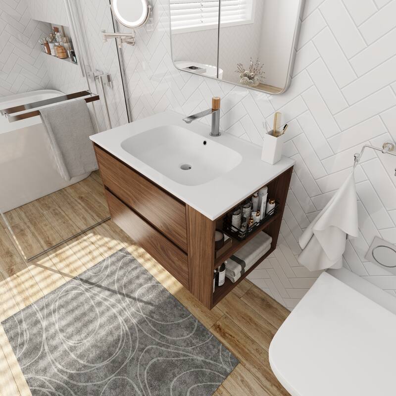 29.7-Inch Double Drawer Bathroom Vanity with Adjustable Side Shelf, Gel Basin, Soft-Close Drawers - 29.7in L Plywood