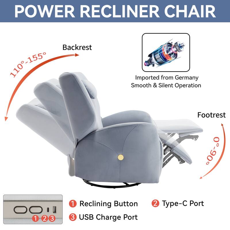 Electric Power Glider Recliner with 270° Swivel, Rocking Motion, Ergonomic Lumbar & Neck Support, Dual USB/Type-C Ports
