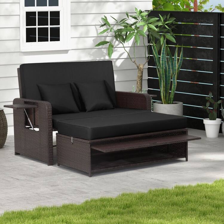 Patio Rattan Daybed with 4-Level Adjustable Backrest and Retractable Side Tray - 31" x 67" x 36" - Black