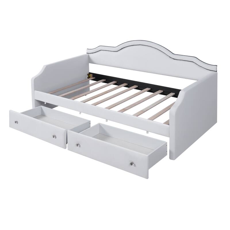 Roomfitters Twin Size Upholstered Daybed with LED Light Strip and Underbed Storage Drawers, Wave Shape Padded Frame, White