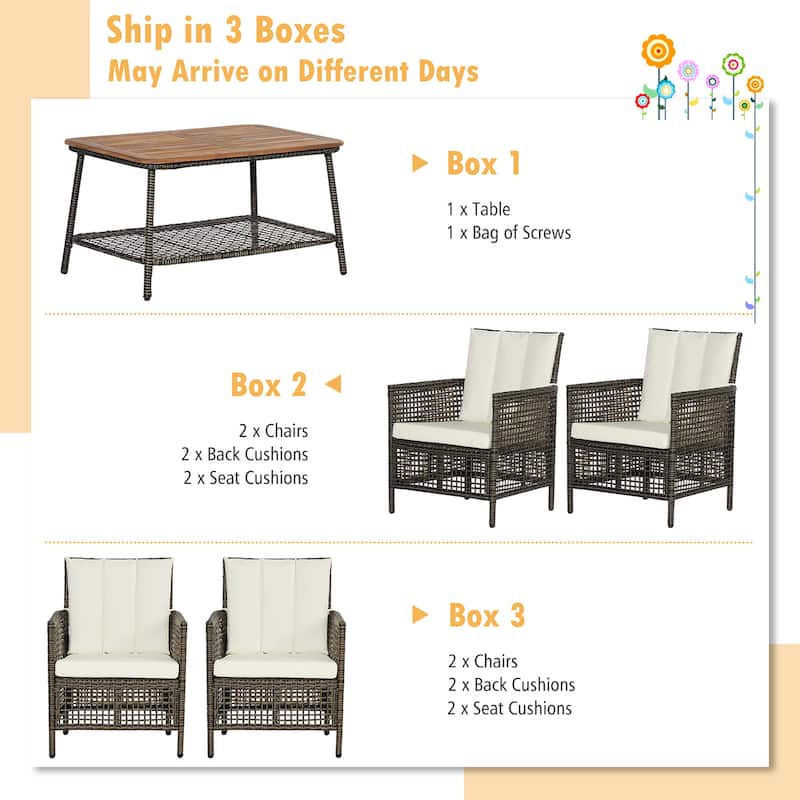 Costway 5PCS Patio Rattan Furniture Set Cushioned Sofa Armrest Wooden