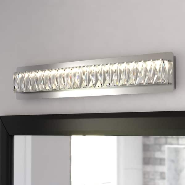 slide 2 of 10, Melrose 1-Light 26 inch Wide Chrome Glam Bathroom Vanity Lighting Fixture, Clear Crystal Glass, Dimmable LED, Full Backplate 26-in W x 4.75-in H x 3-in D - Chrome