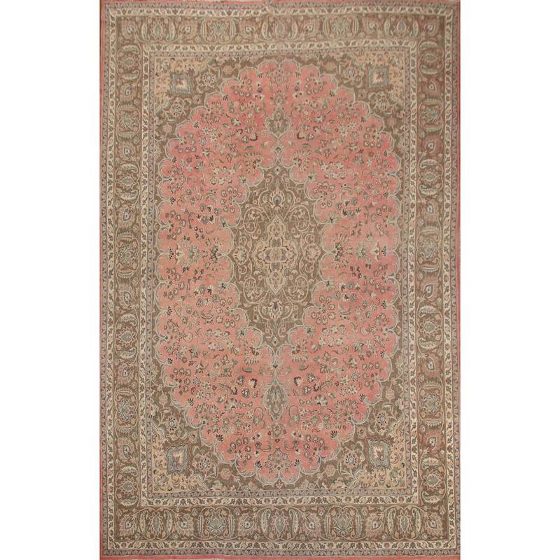 Hand Knotted Oriental 100% Wool Carpet Traditional Floral Pink Mashad Area Rug - 13' 0'' X 9' 7''