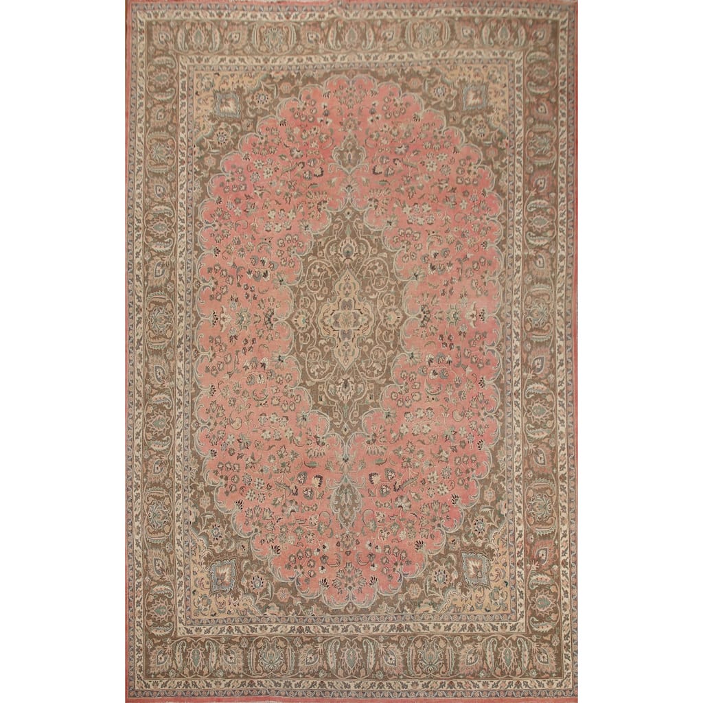 Hand Knotted Oriental 100% Wool Carpet Traditional Floral Pink Mashad Area Rug - 13' 0'' X 9' 7''