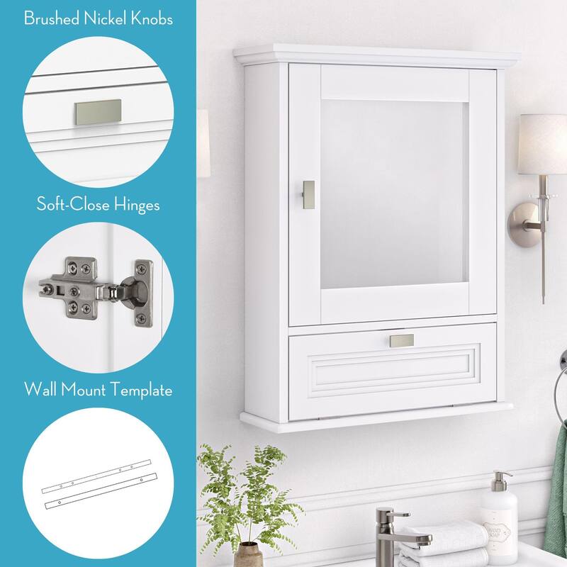 Geneva Wall Cabinet with Mirror and Layered Drop-Down Door – White