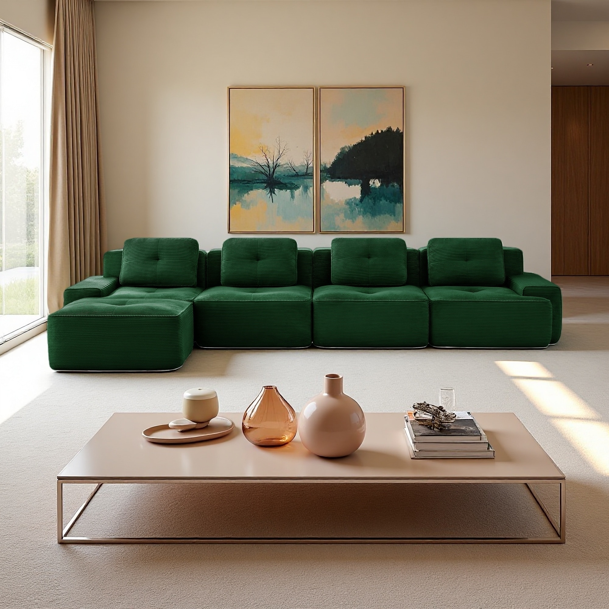 152.8" Corduroy L-Shaped Modular Sectional Sofa with Deep Seat & Movable Ottoman