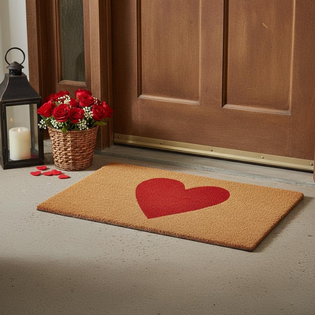 HomeRoots 17" X 29" Brown And Red Heart Outdoor Coir Door Mat - 17.00' X '29.00