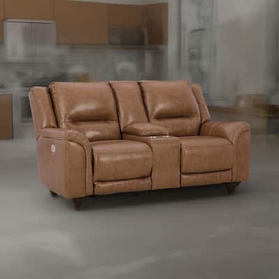Trasi Power Recliner Loveseat, Caramel Brown Leather, USB Port 79 Inch