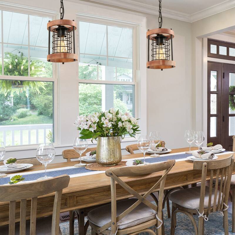 Farmhouse 1-Light Cylinder Wood Grain Metal Cage Kitchen Island Pendant Light Adjustable- Brown - D7" x H11"