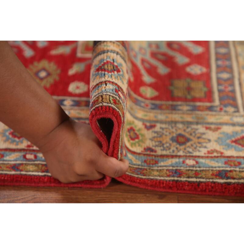 Red Geometric Kazak Accent Rug Handmade Oriental Wool Carpet - 2'11"x 4'3"