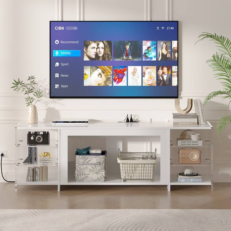 VECELO 70" Rustic TV Stand without/with Fireplace Heater(2 Options),Media Entertainment Center Table with Storage Shelves - Without Fireplace - White