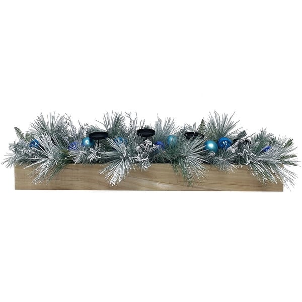 slide 2 of 3, Fraser Hill Farm 42-inch 5-Candle Holder Centerpiece with Frosted Pine Branches and Blue Ornaments in Wooden Box - 3.5 Foot