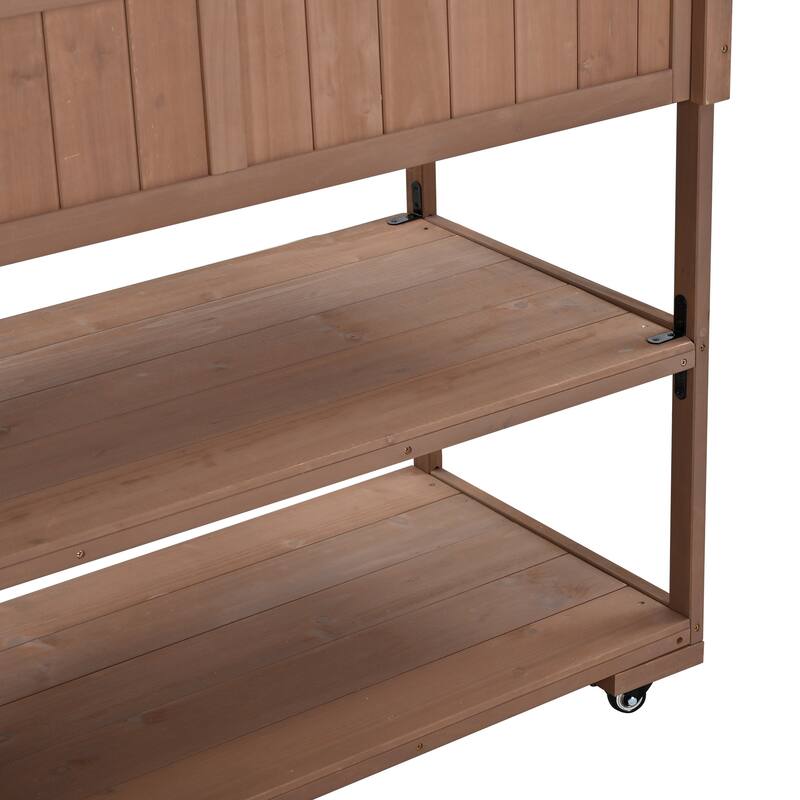 Solid Wood 62.3'' Patio Kitchen Island Kitchen Cart with Stainless Table Top, Garden Potting Bench with Raised Shelf and Drawers