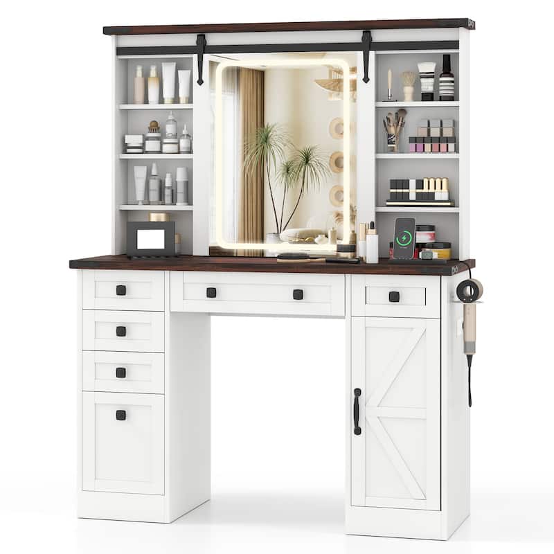 Farmhouse White Makeup Vanity Desk with Sliding Lighted Mirror Charging Station and Ample Storage Drawers and Shelves - White