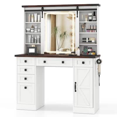Farmhouse White Makeup Vanity Desk with Sliding Lighted Mirror Charging Station and Ample Storage Drawers and Shelves
