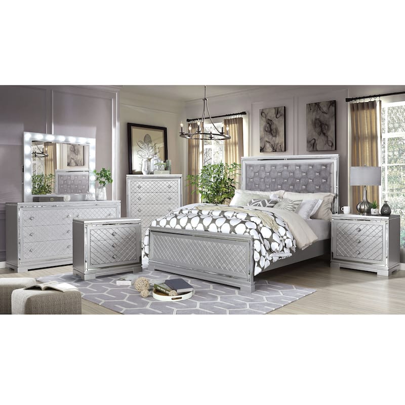 Seleena Glam Silver Wood 6-Piece Tufted Panel Bedroom Set with USB Port by Furniture of America - King