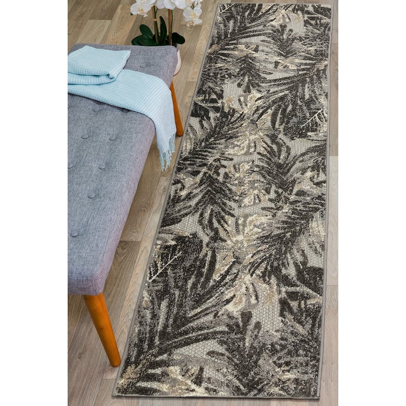 World Rug Gallery Floral Leaves Indoor/Outdoor Area Rug - 2' x 7' Runner - Gray