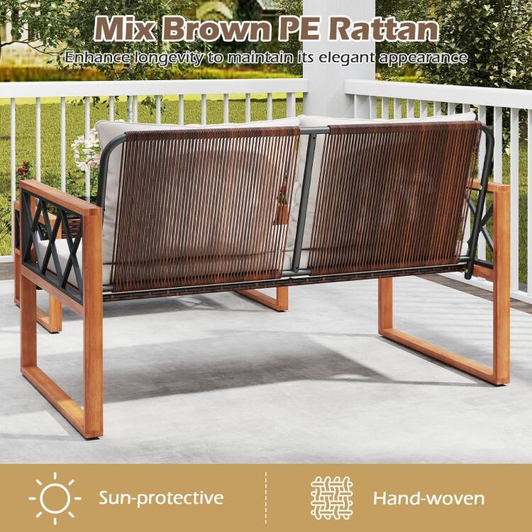 2 Piece Mix Brown PE Rattan Outdoor Loveseat with Cushions and Coffee Table - Loveseat: 28" x 50" x 31.5"