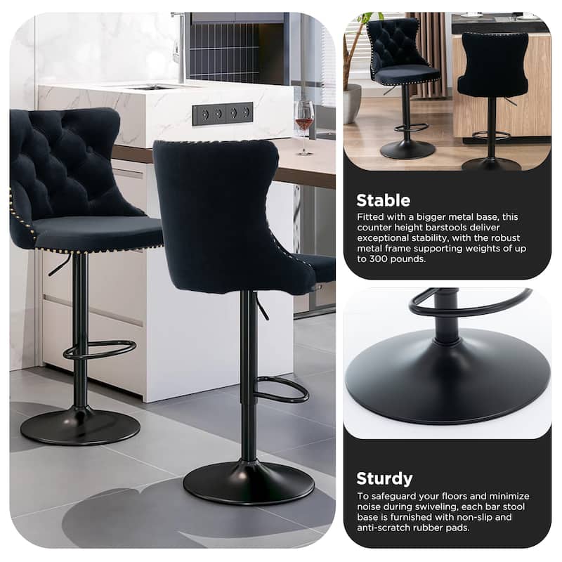 Velvet Adjustable Swivel Counter Height Barstools Set of 2