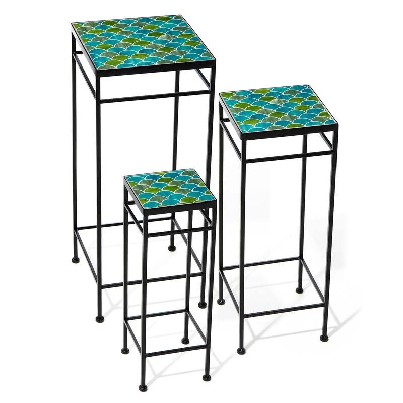 Glitzhome Set of 3 Metal Nesting Planter Stands Square Plant Holder with Green Pattern Ceramic Tiles Table Top