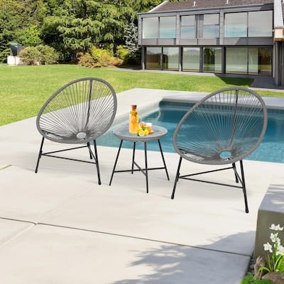 3-Piece Patio Woven Conversation Bistro Set with Glass Top Table and 2 Chairs