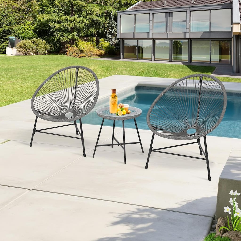 3-Piece Patio Woven Conversation Bistro Set with Glass Top Table and 2 Chairs