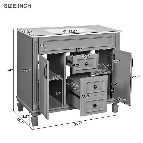 dimension image slide 9 of 12, 36'' Bathroom Vanity with Top Sink, Freestanding Vanity Set with Mirror Cabinet