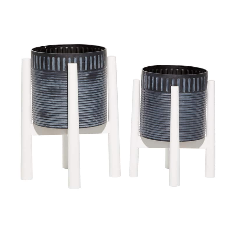 Metal Indoor Outdoor Planter with Removable Wood Stand - Set of 2 Black or White - Roche River Decor