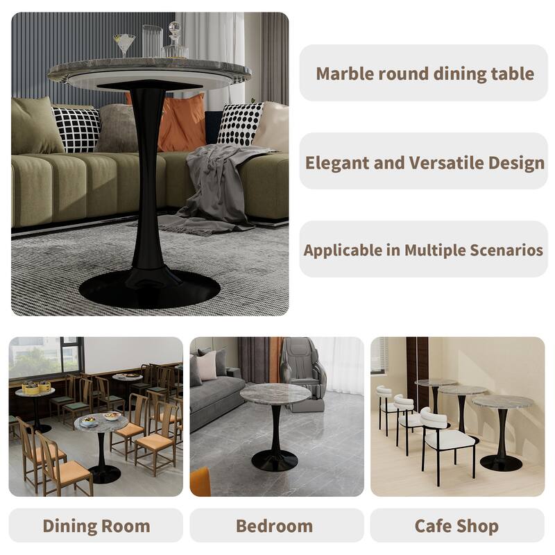 27.6" Mid-Century Modern Style Dining Table, Accommodates 2-4 People, Featuring A Round Dark Gray Textured Marble Tabletop