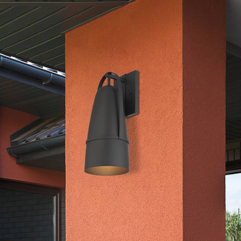 Rue 18 in. 1-Light Black Modern Outdoor Wall Lantern with Dark Sky Metal Shade
