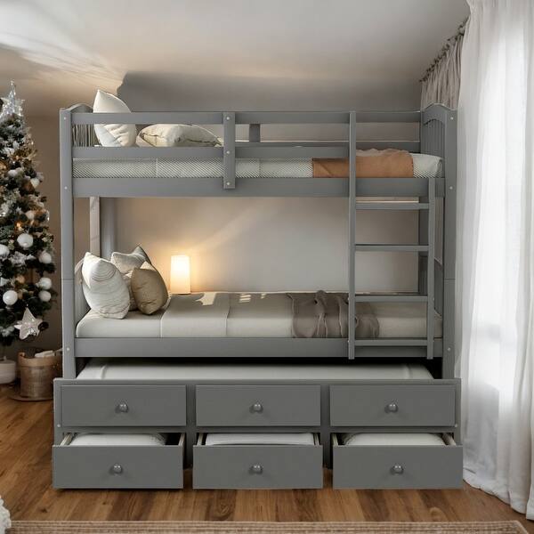 slide 2 of 46, Twin over Twin Bunk Bed With Ladder And Safety Rail,Twin Trundle Bed with 3 Drawers Grey