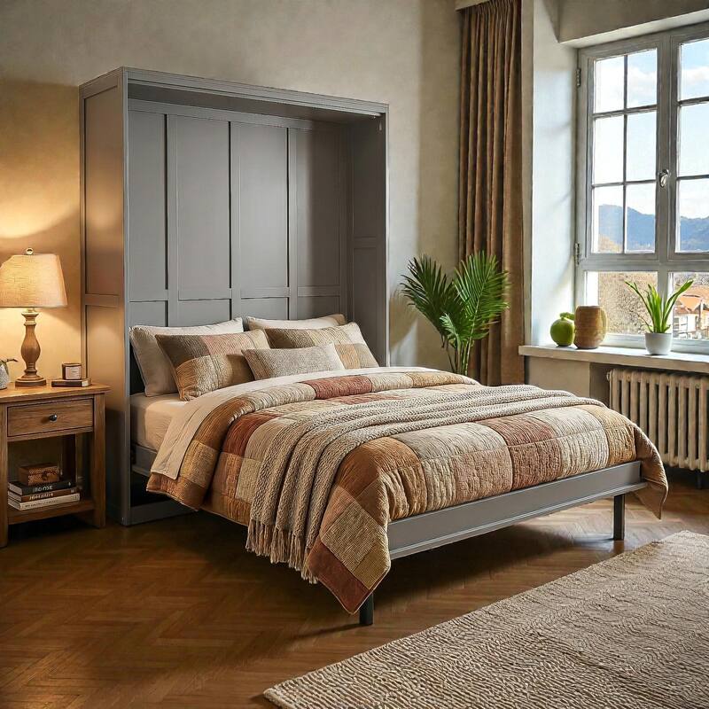 Rotating Queen Murphy Bed with Storage Shelves, 360 Degree Space Saving Wall Bed for Home Office