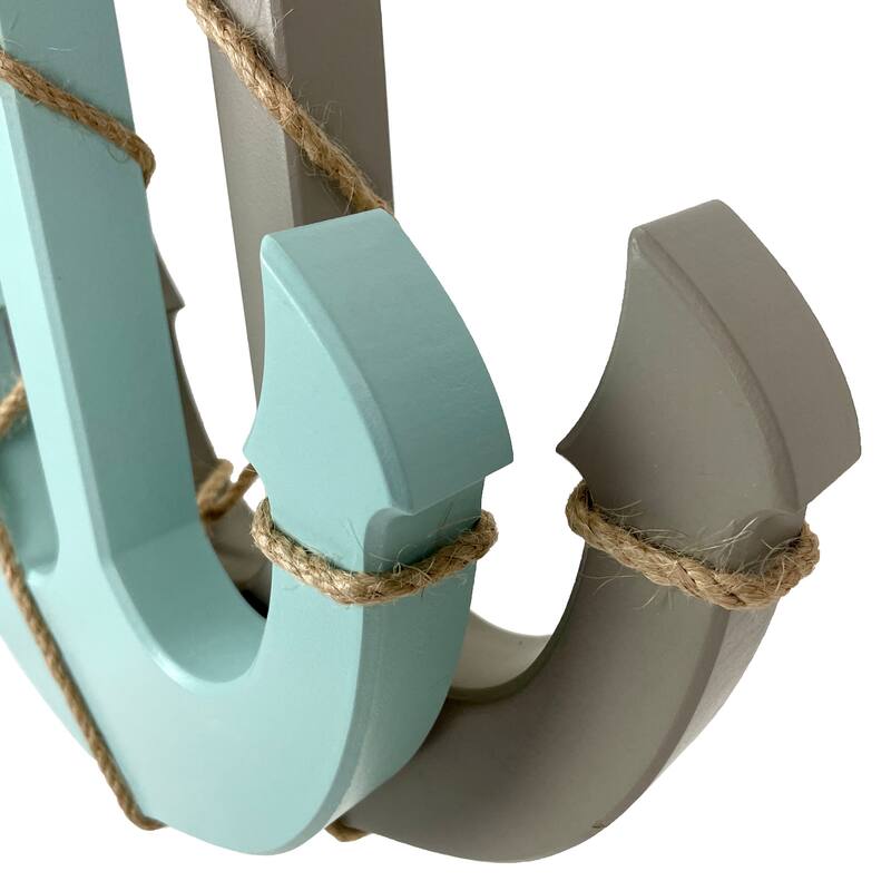 Set Of 2 Wood Nautical Wall Anchors 15In Rope Beach Coastal Decor Blue