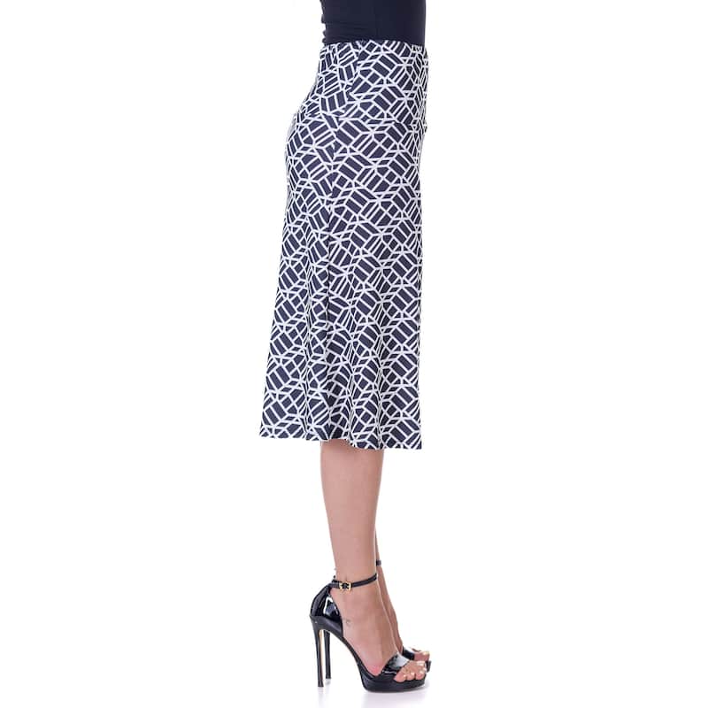 24seven Comfort Apparel Black Geometric Print Comfortable Elastic Waist Knee Length Skirt
