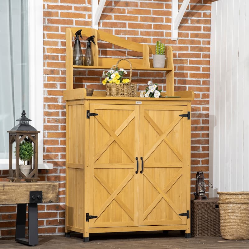 Outsunny Outdoor Potting Bench Table & Garden Storage Cabinet, Multi-function Gardening Bench, Wooden Planting Workstation - Yellow