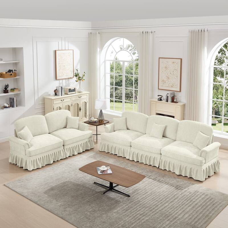 GDFStudio - Classic Chenille Modular Sofa Set with Flared Arms and Removable Ruffles Pleats Skirts - Beige+White
