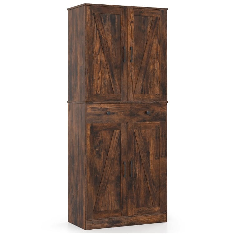 Farmhouse Pantry Cabinet with Barn Doors Tall Kitchen Storage Organizer with Adjustable Shelves - Coffee
