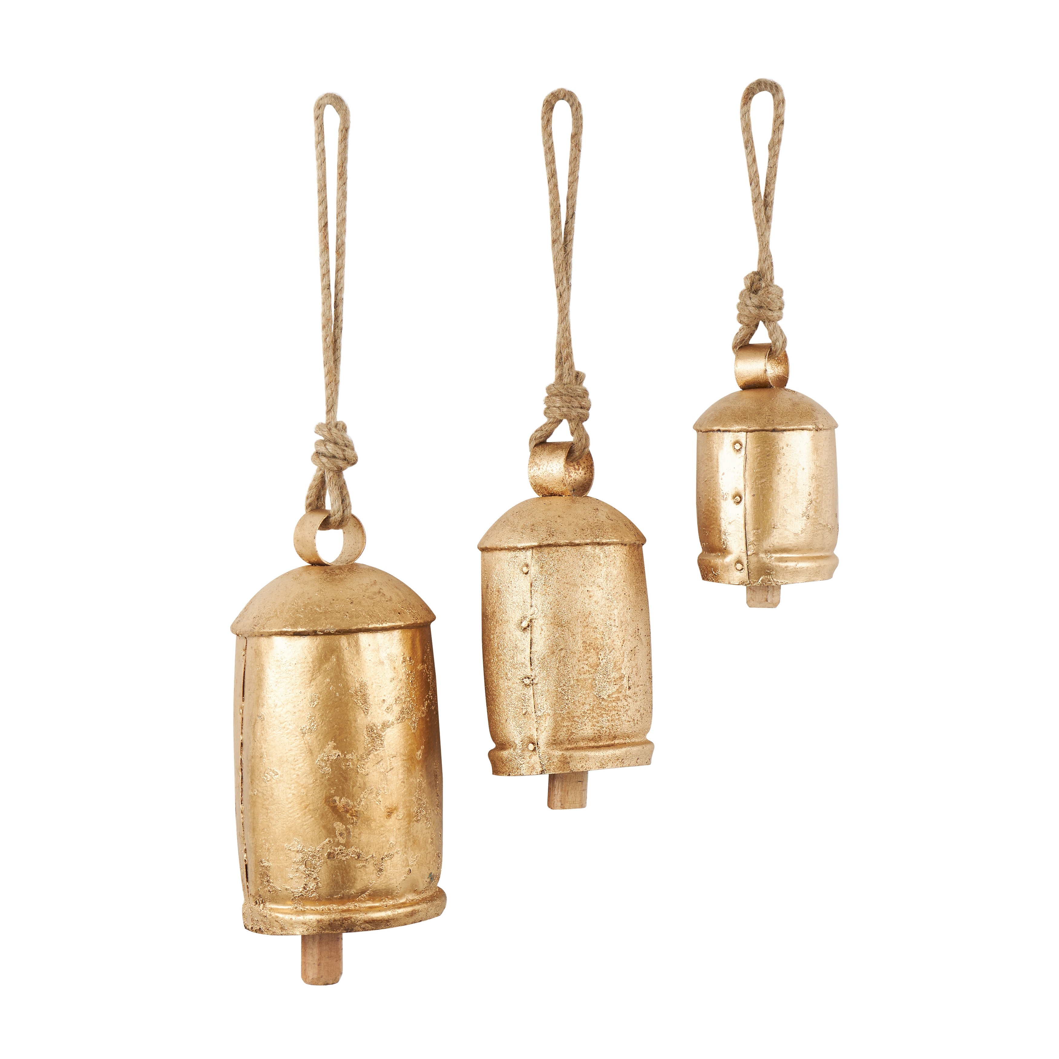 Gold, Gray, Bronze, Black or Red Metal Tibetan Inspired Decorative Cow Bells  with Jute Hanging Rope (Set of 3) - On Sale - Bed Bath & Beyond - 22695320