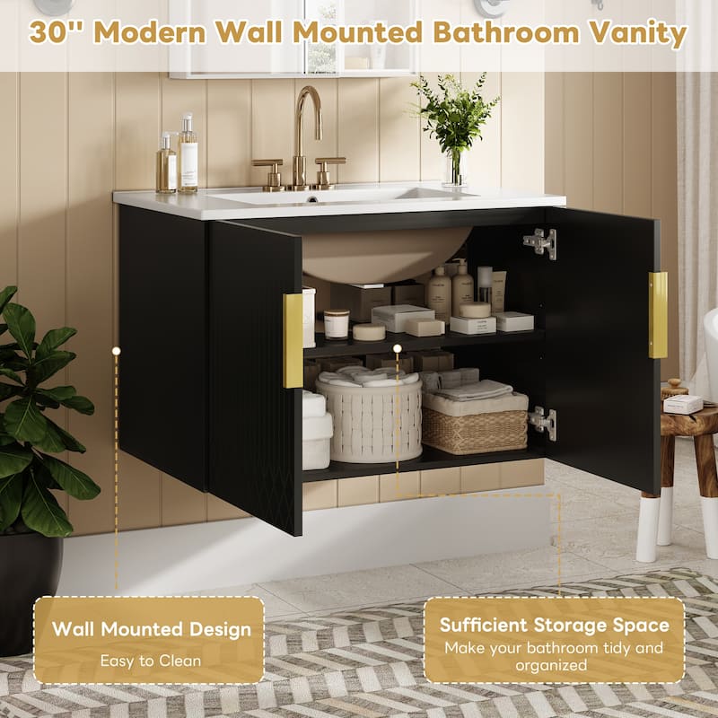 30" Wall-Mount Bathroom Vanity, Black Floating Bathroom Wall Cabinet with Ceramic Sink - 30 Inch - Black - 30 Inch